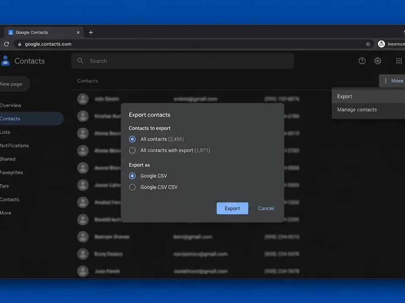 Image showing steps to export Google Contacts for auditing a safe sender list.