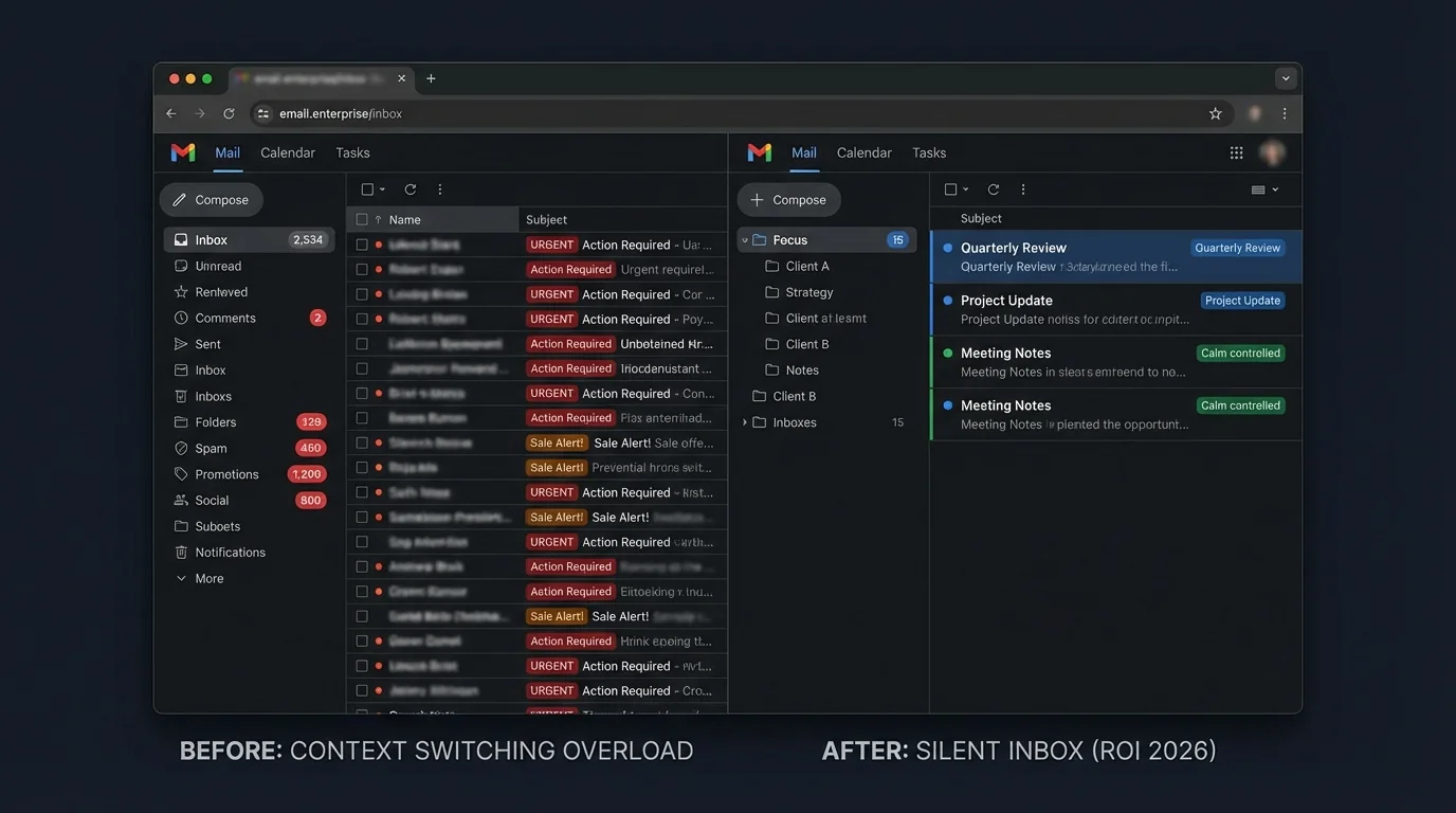 Graph illustrating context switching costs in 2026 and the ROI of a silent inbox for executives facing work fragmentation.