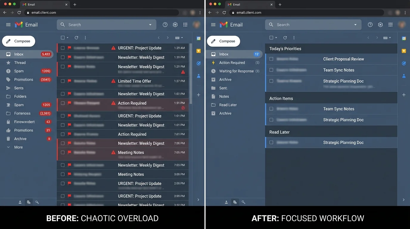 Infographic on how email overload negatively impacts business productivity and work quality.