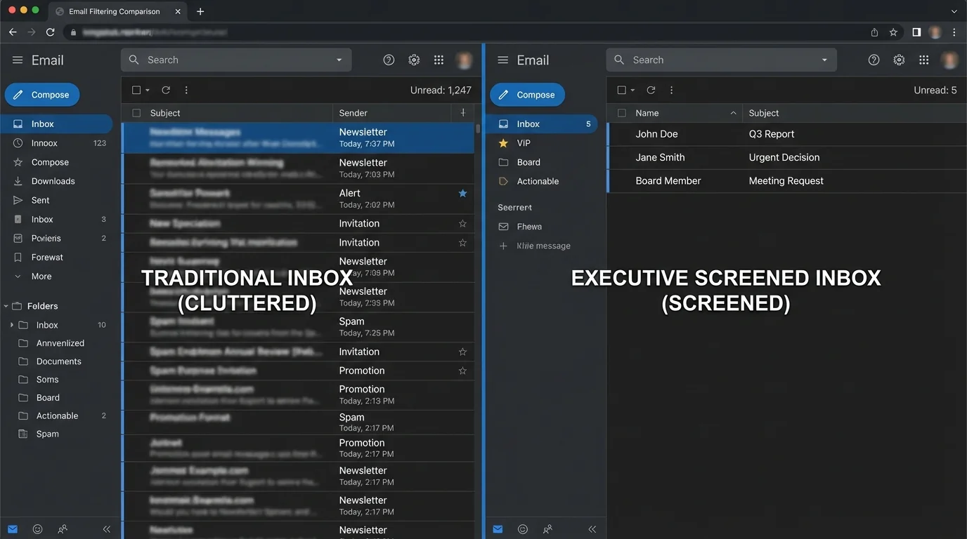 Illustration contrasting deterministic and probabilistic email filtering for executives needing screened inboxes, not just...