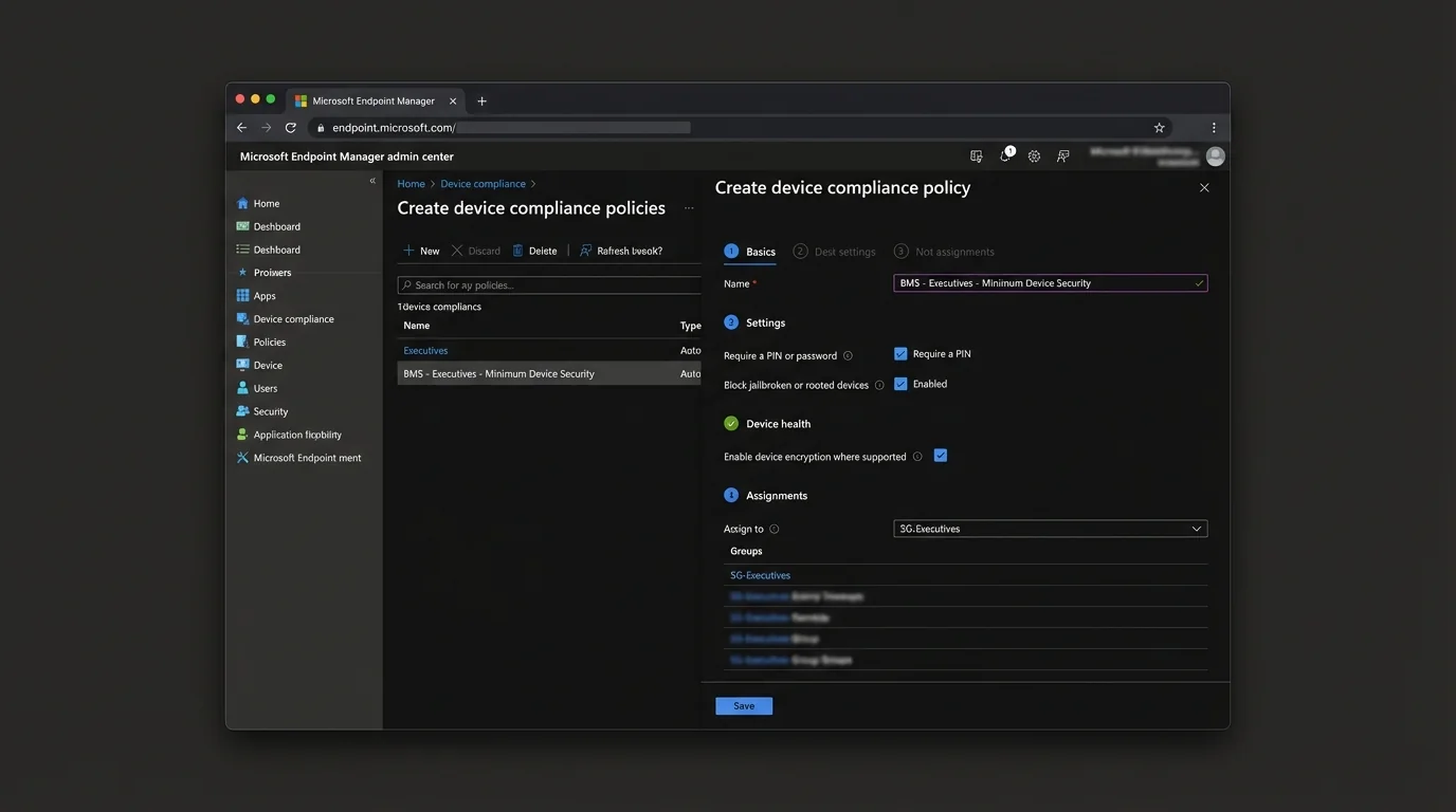 Image depicting hardening Microsoft 365 security settings for executives, focusing on device security configurations.