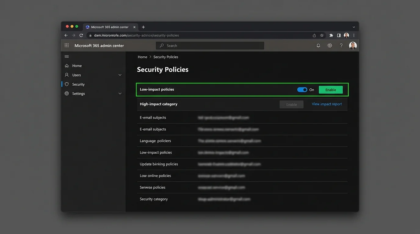 Diagram illustrating steps to enhance Microsoft 365 security settings for executives, focusing on low-impact policies first.