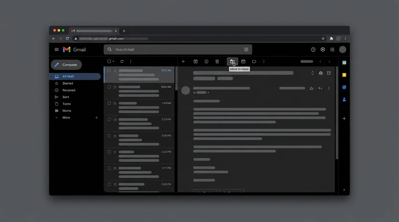 Instructional image showing how to unarchive an email in Gmail by moving it back to the Inbox.