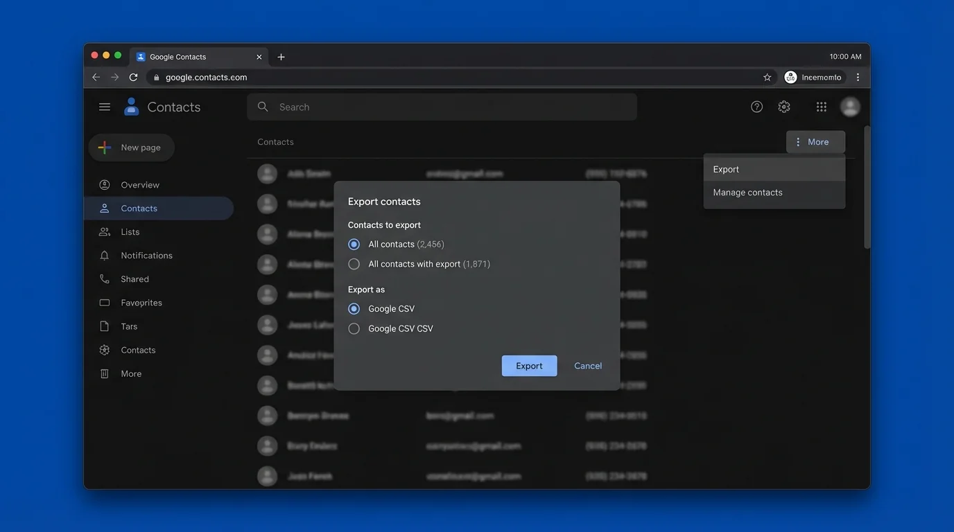 Image showing steps to export Google Contacts for auditing a safe sender list.