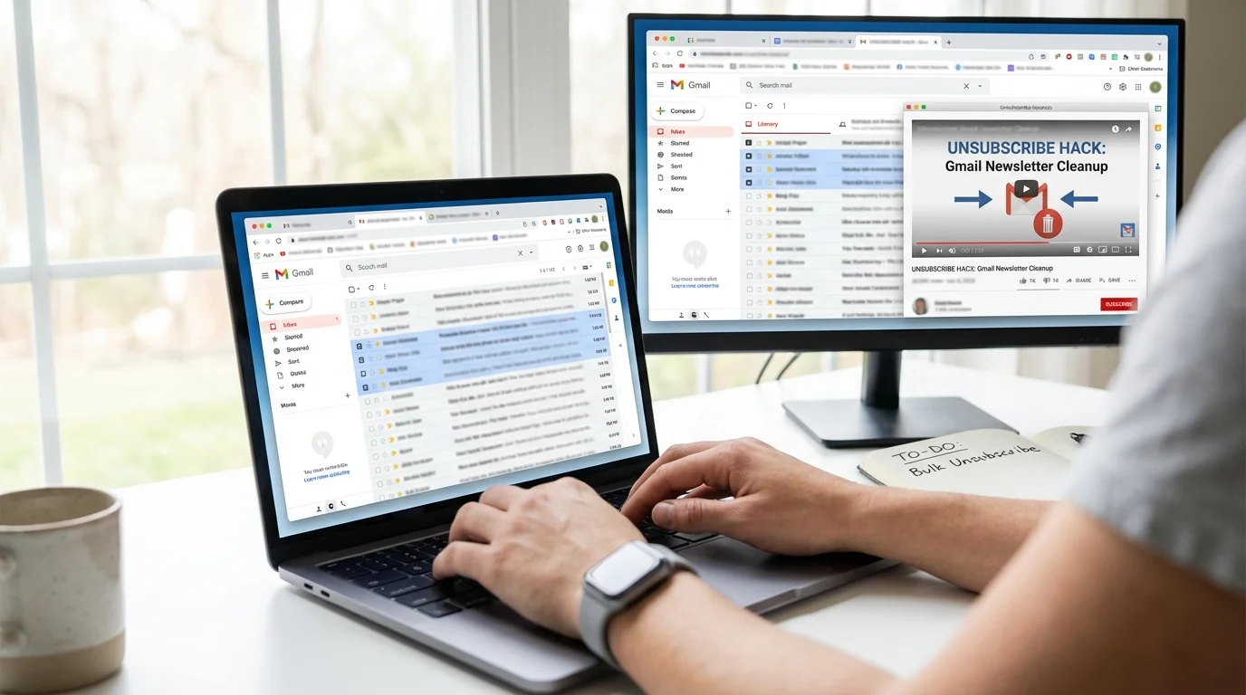 Desktop and mobile steps to bulk unsubscribe from newsletters in Gmail.