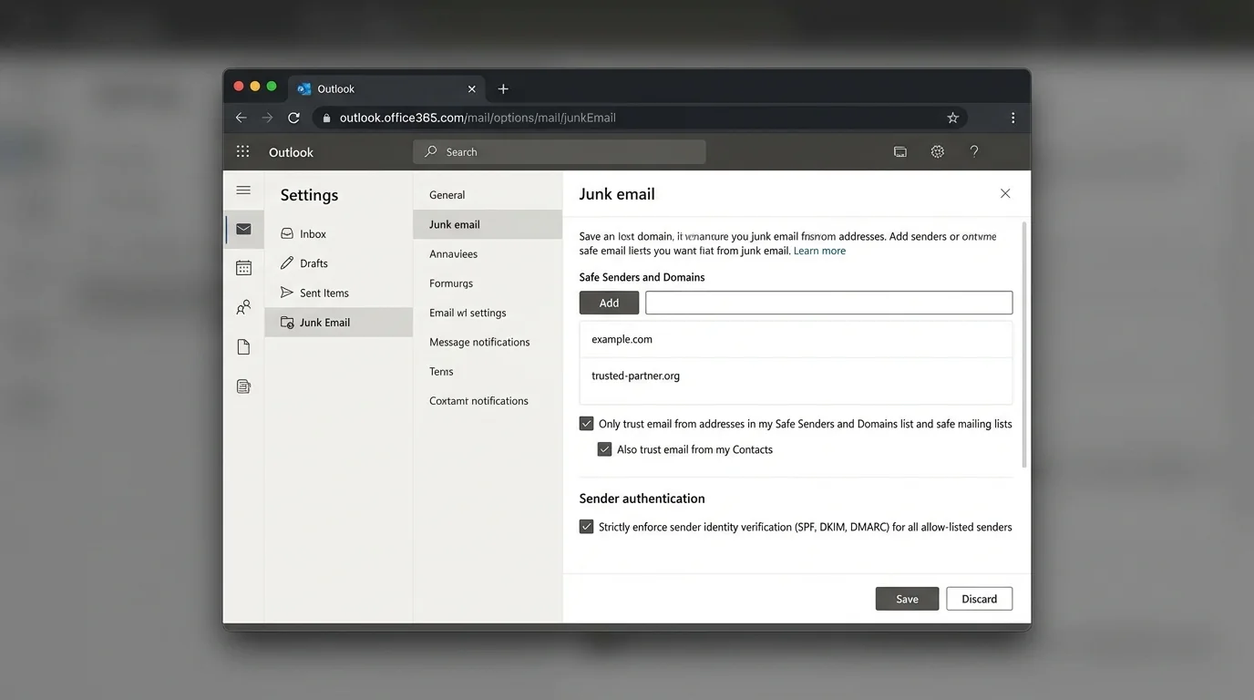 Diagram illustrating strict allow-listing configuration in Outlook 365 for email sender and authentication rules.