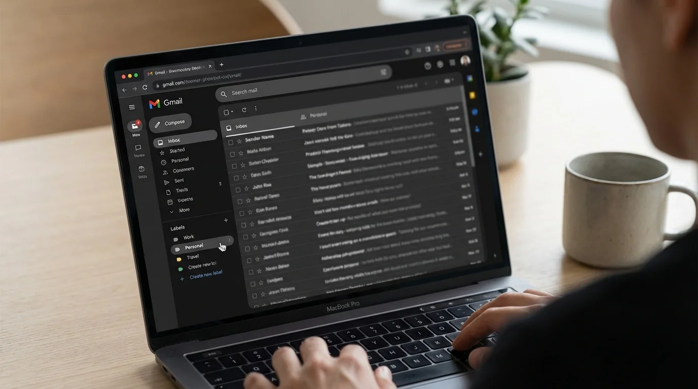 Expanded Gmail sidebar showing existing labels and options to create new labels.