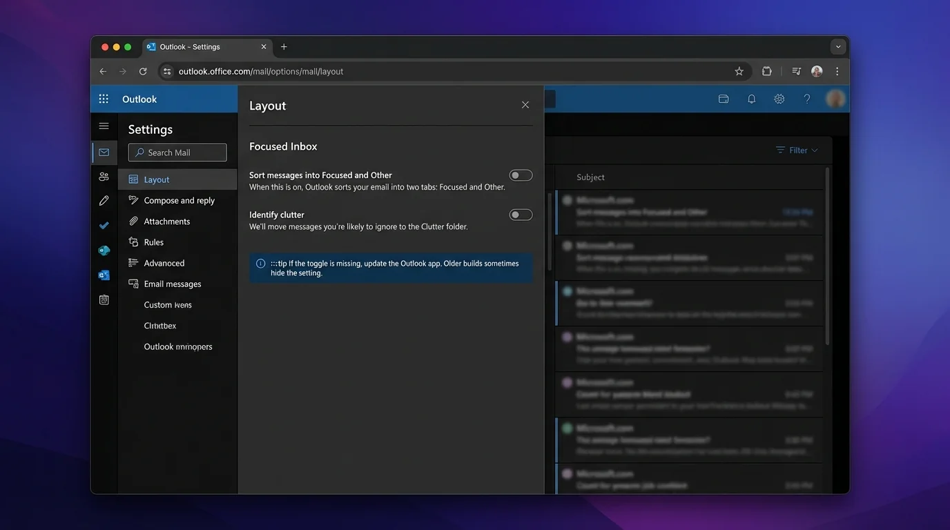 Illustration showing steps to permanently disable Focused Inbox and Clutter in Outlook with an update note.