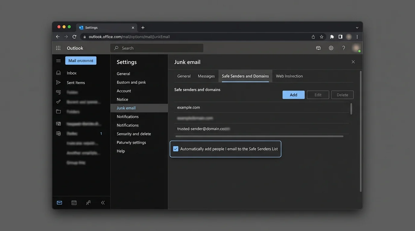 Illustration of enabling auto-whitelisting in Outlook under Safe Senders settings.