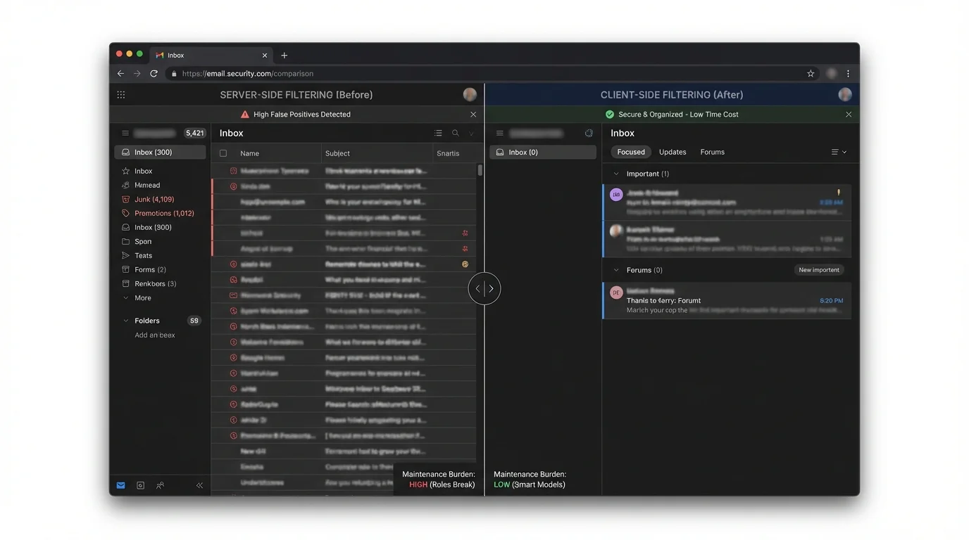 Illustration comparing server-side and client-side email filtering, highlighting false positives, false negatives, and mai...