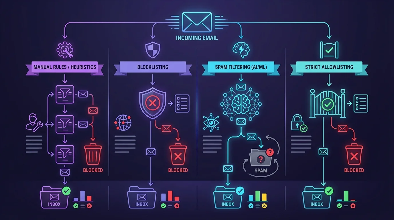 Comparison of spam filter vs allowlist effectiveness and challenges in cybersecurity.