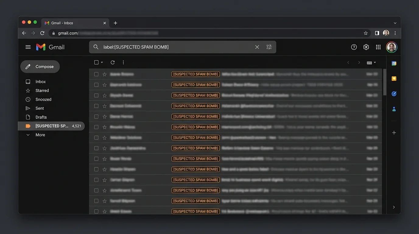 New Gmail label created for organizing and managing incoming spam emails effectively.