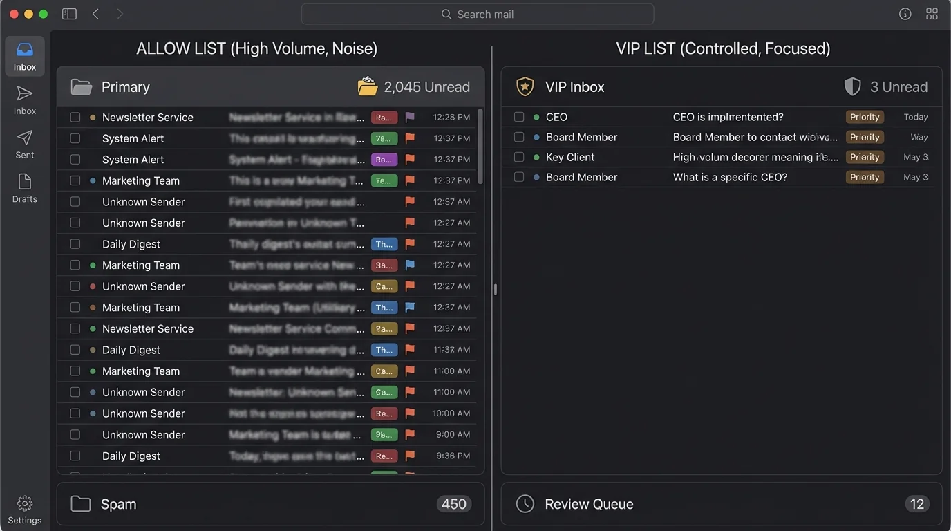 Comparison of VIP list vs allow list methods for high-volume executive security and email governance.